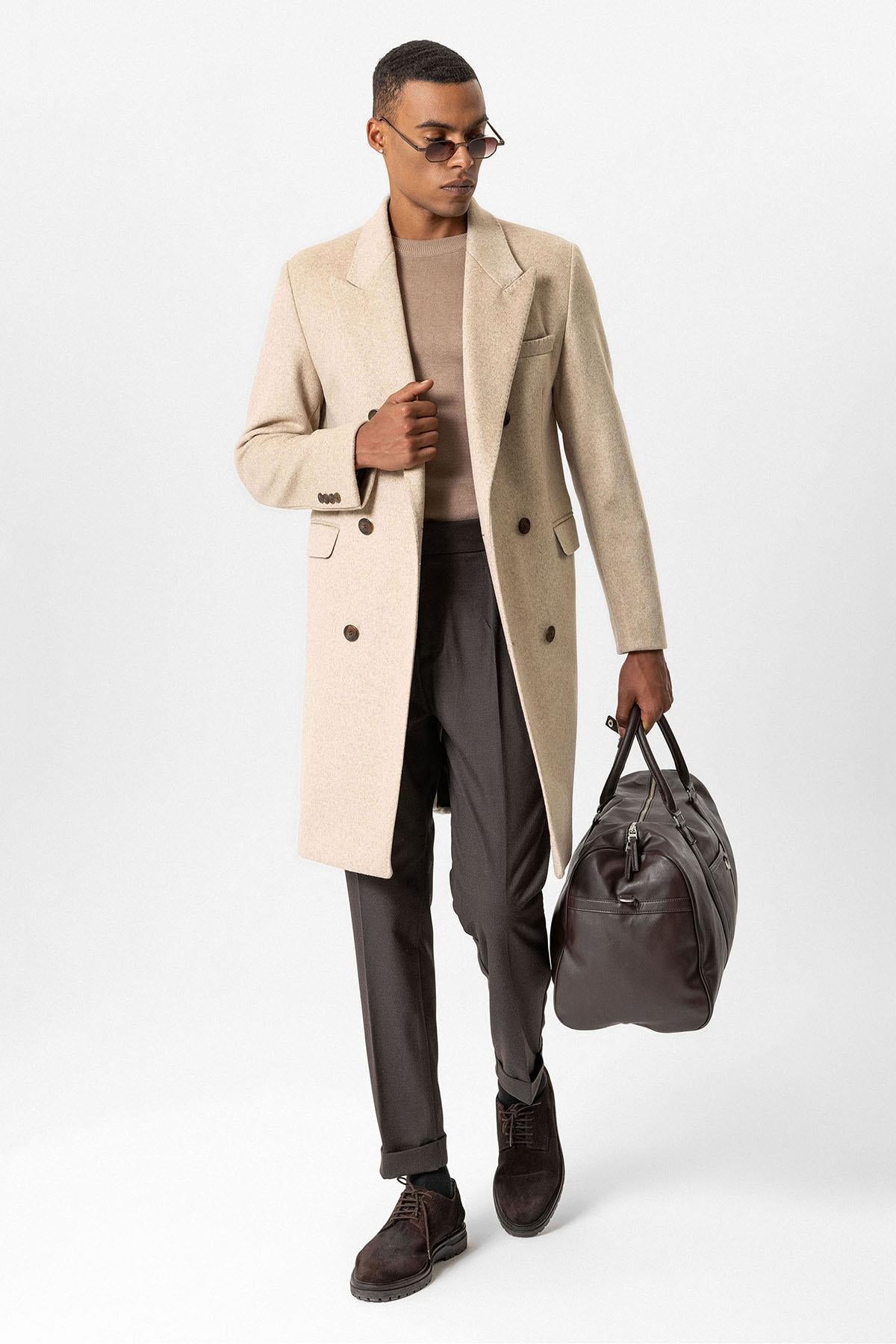 Beige Wool-Blend Double-Breasted Men's Coats - Wessi