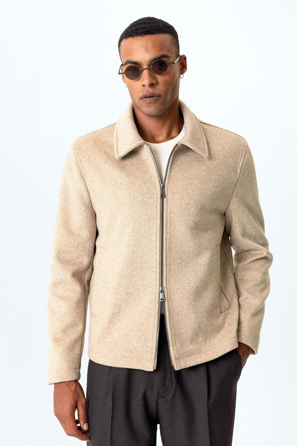 Beige Wool-Blend Seasonal Men's Jacket - Wessi