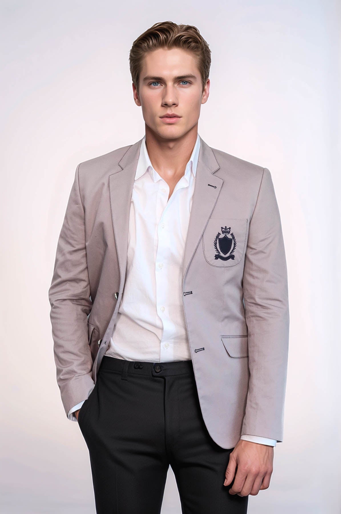 2 Buttons 3 Pockets Crested Cotton Light Pink Jacket - Wessi