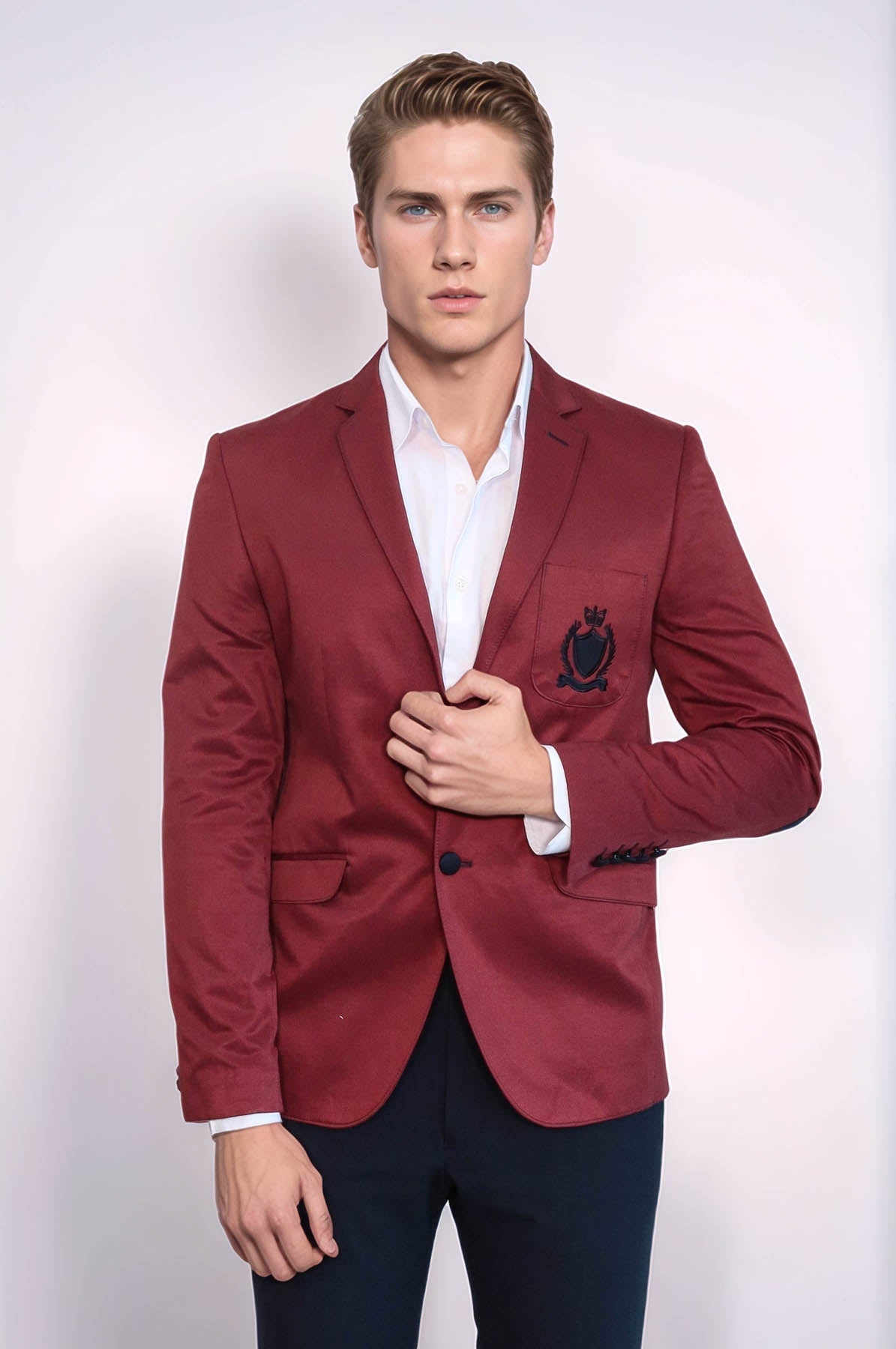 2 Buttons 3 Pockets Crested Cotton Burgundy Jacket