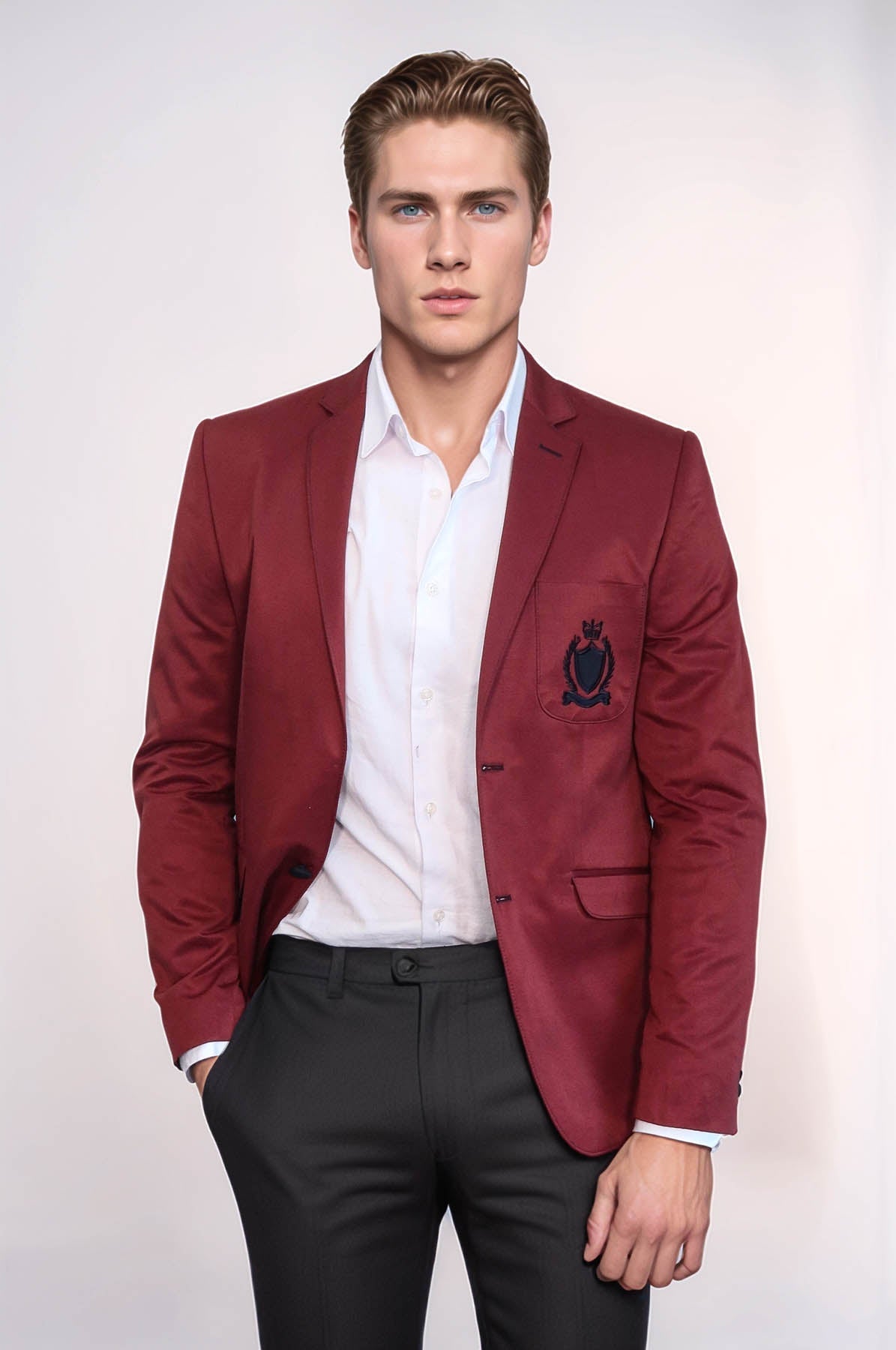 2 Buttons 3 Pockets Crested Cotton Burgundy Jacket