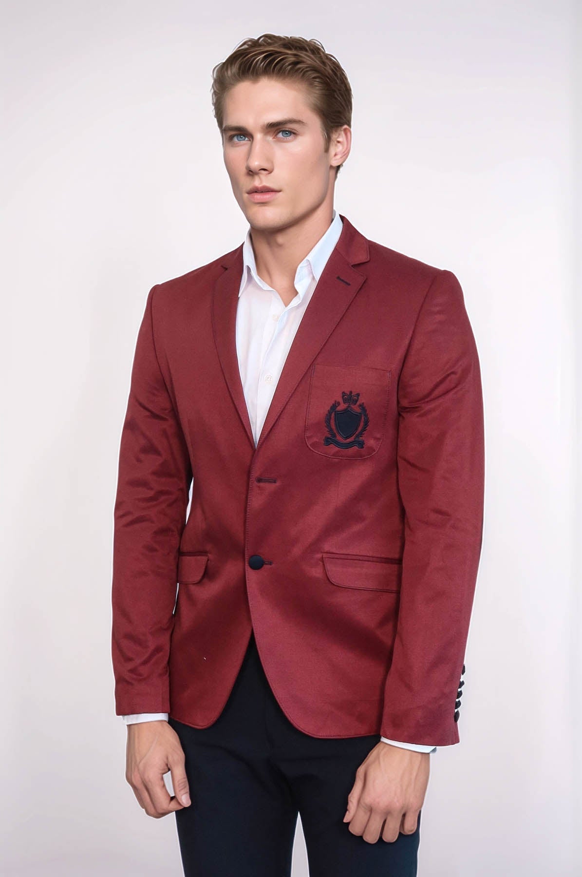2 Buttons 3 Pockets Crested Cotton Burgundy Jacket