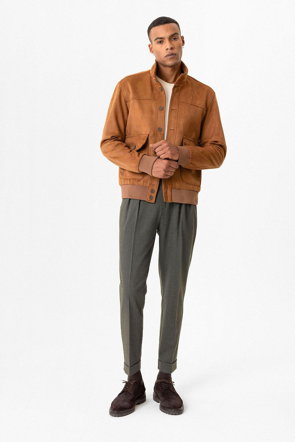 Camel Elastic Waist Stand Collar Suede Men's Jacket - Wessi