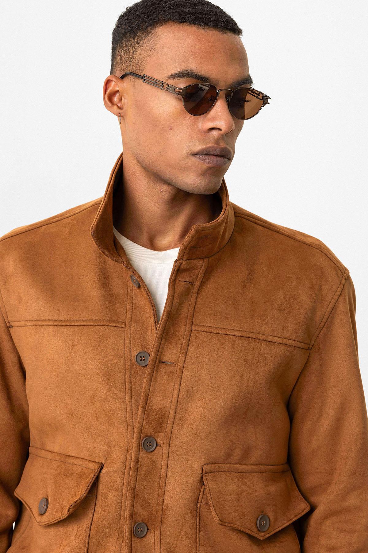 Camel Elastic Waist Stand Collar Suede Men's Jacket - Wessi