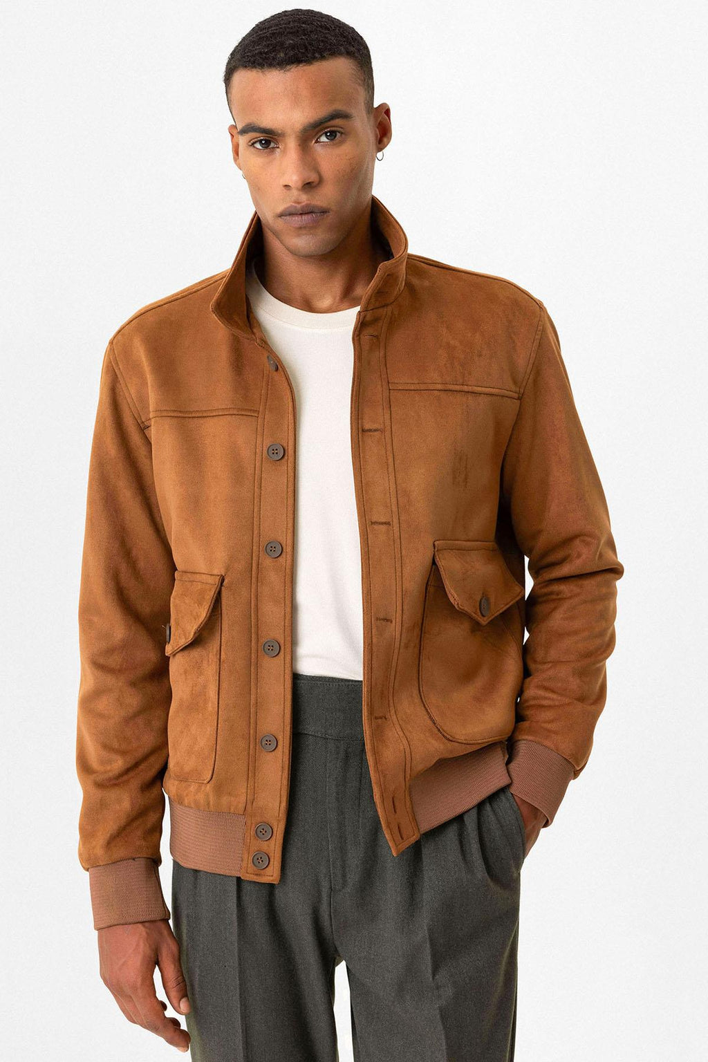 Camel Elastic Waist Stand Collar Suede Men's Jacket - Wessi