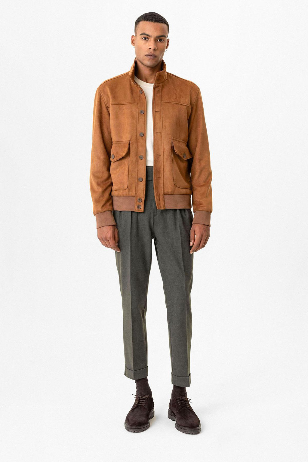 Camel Elastic Waist Stand Collar Suede Men's Jacket - Wessi