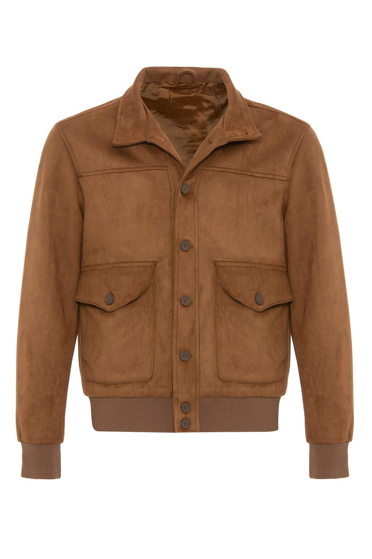 Camel Elastic Waist Stand Collar Suede Men's Jacket - Wessi