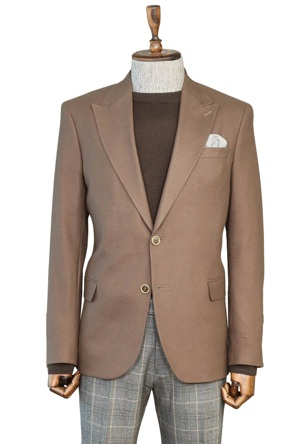 Brown Slim Fit Blazer, Brown Knitwear, and Plaid Patterned Trousers Combination - Modern Office Style - Wessi