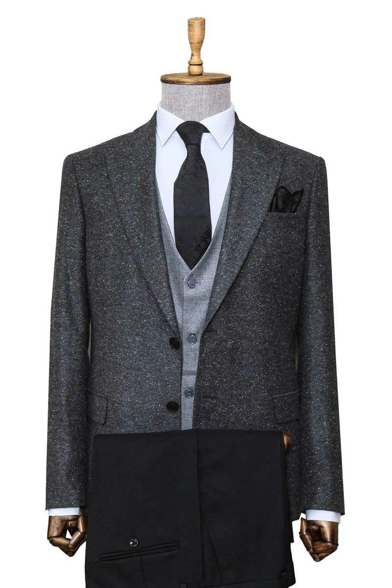 Gray Jacket, Vest,, Black Trousers, and Tie Combo - Modern Style - Wessi