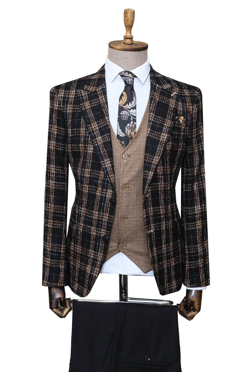 Black Plaid Jacket, Beige Vest, White Shirt, and Black Trousers Combo - Wessi Modern Classic Look
