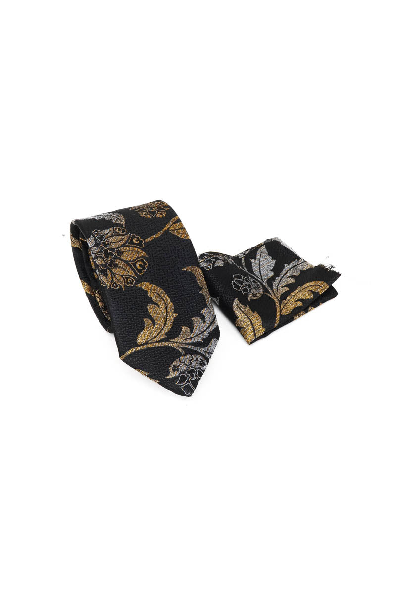 Navy Blue and Bronze Patterned Tie and Pocket Square Set - Wessi