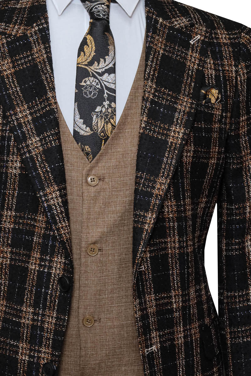 Black Plaid Jacket, Beige Vest, White Shirt, and Black Trousers Combo - Wessi Modern Classic Look