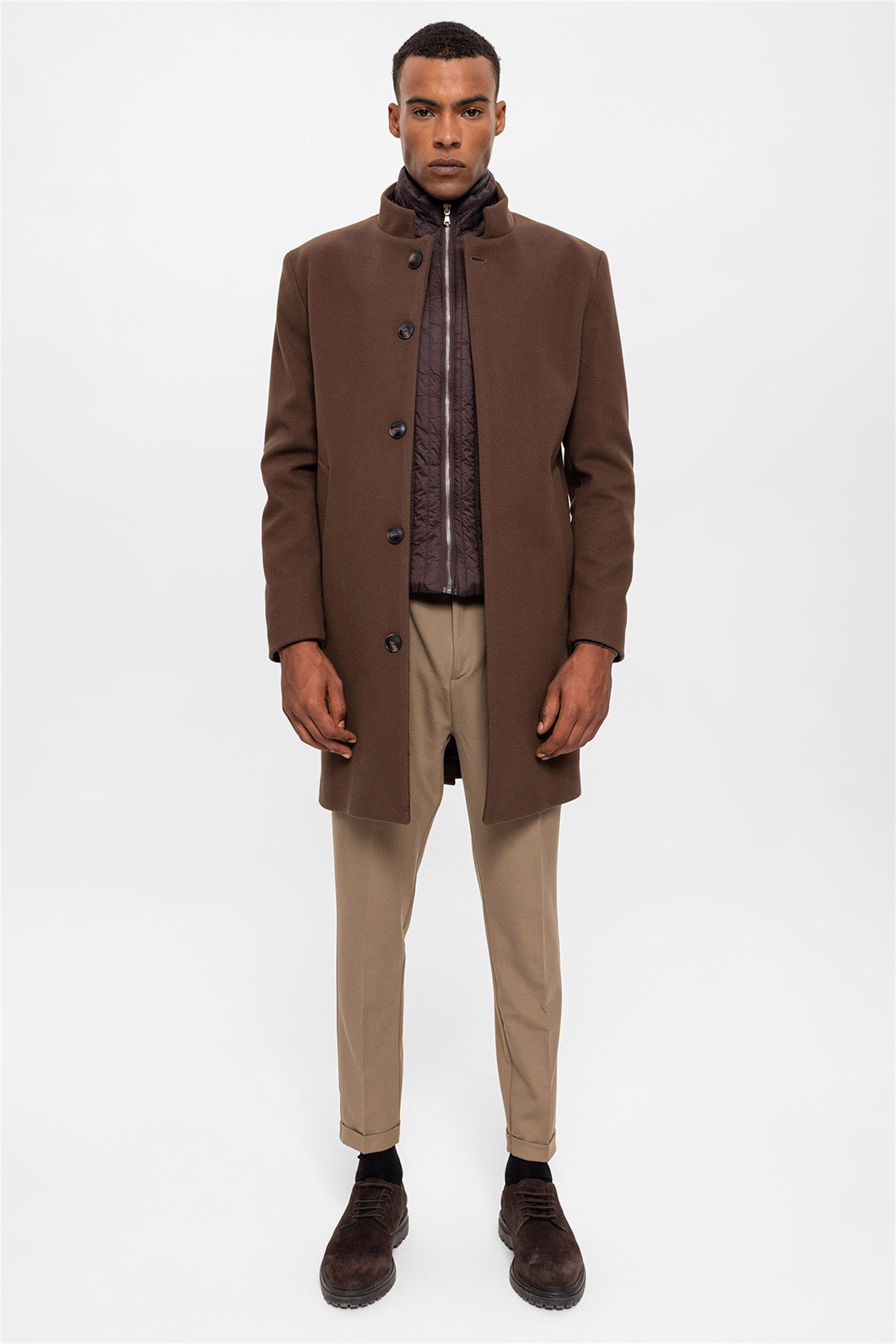 Brown High Collar Men's Coat with Hidden Button Detail - Wessi