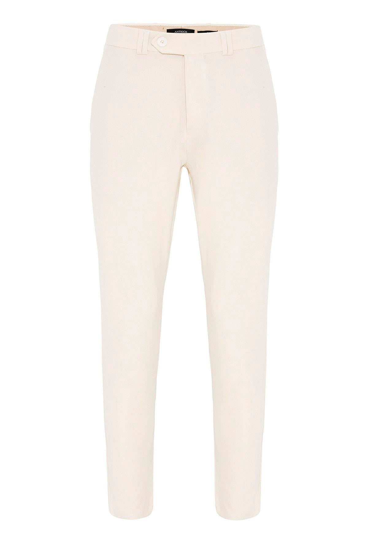 Ecru Men's Slim Fit Plain Accessory Fabric Trousers - Wessi