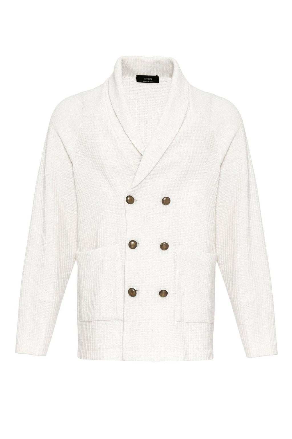 Ecru Shawl Collar Double-Breasted Men's Cardigan - Wessi