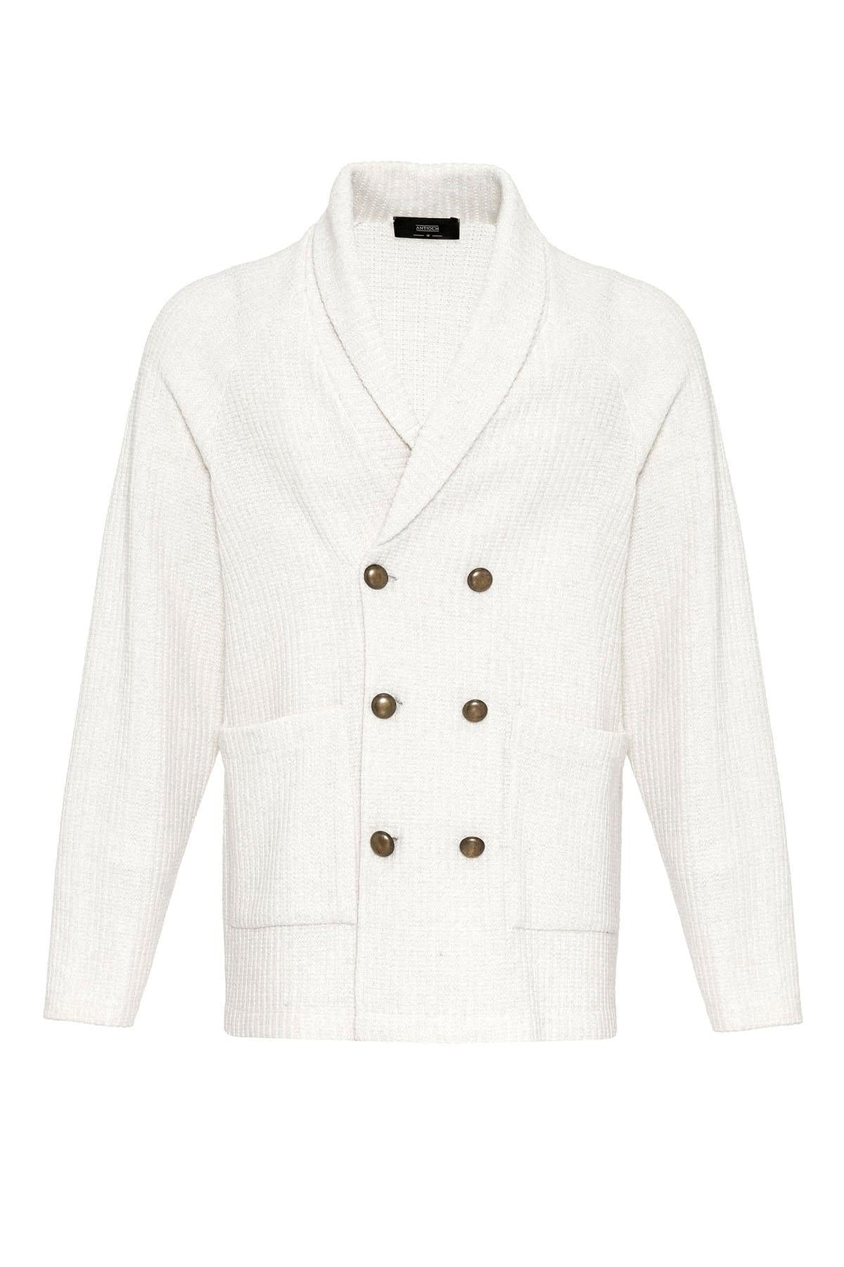 Ecru Shawl Collar Double-Breasted Men's Cardigan - Wessi