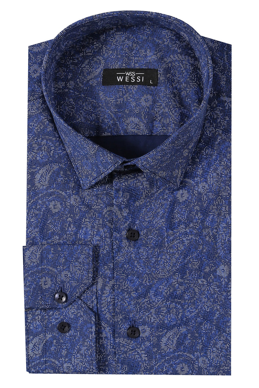 Damask Pattern Long Sleeves Men Blue Shirt - Wessi