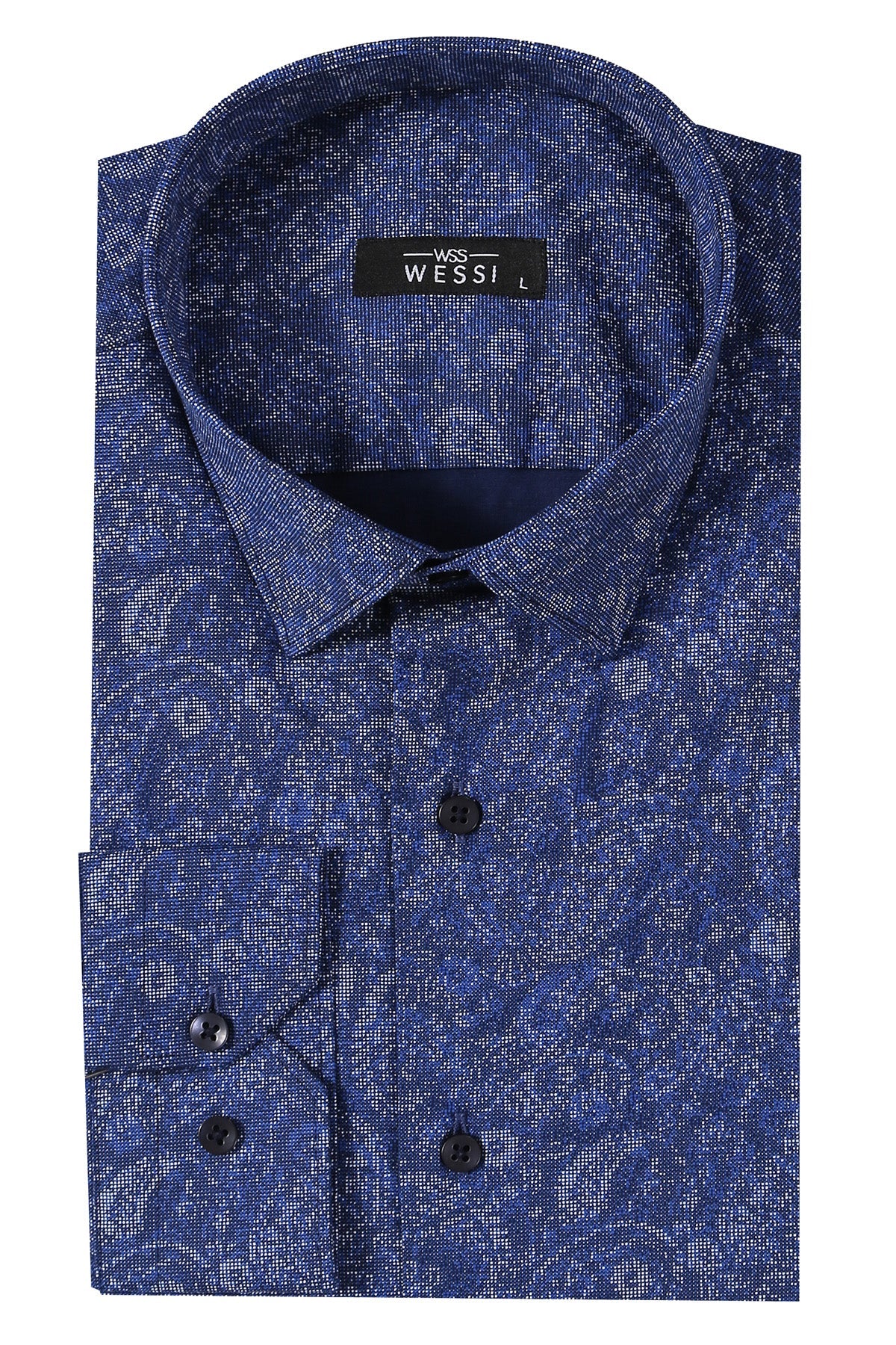 Damask Pattern Long Sleeves Men Blue Shirt - Wessi