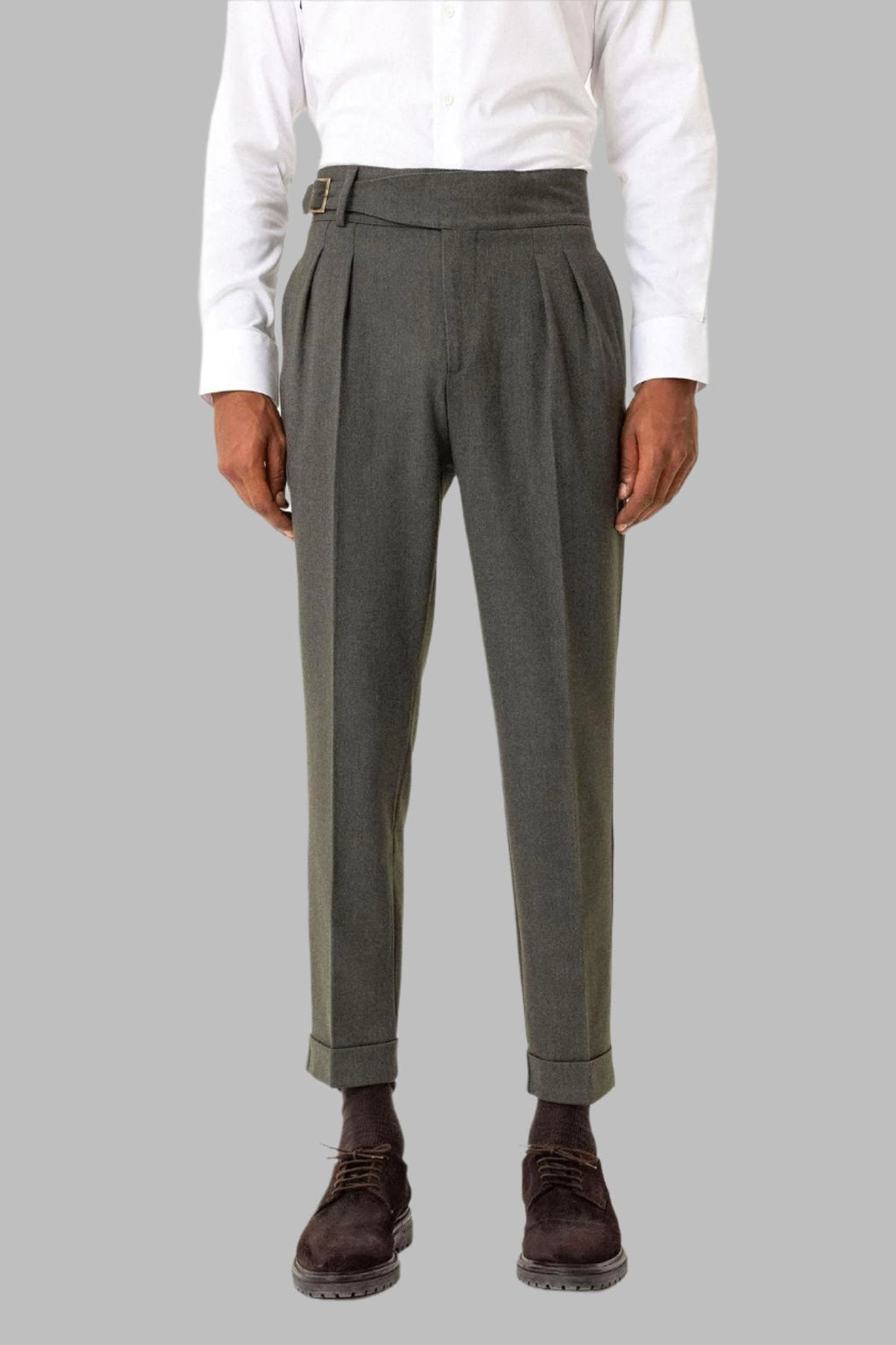 Khaki Pleated Men's Trousers with Buckle Detail - Wessi