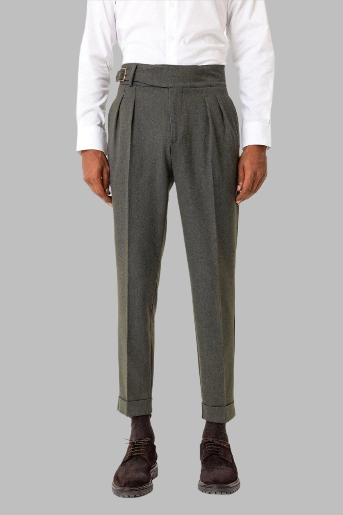 Khaki Pleated Men's Trousers with Buckle Detail - Wessi
