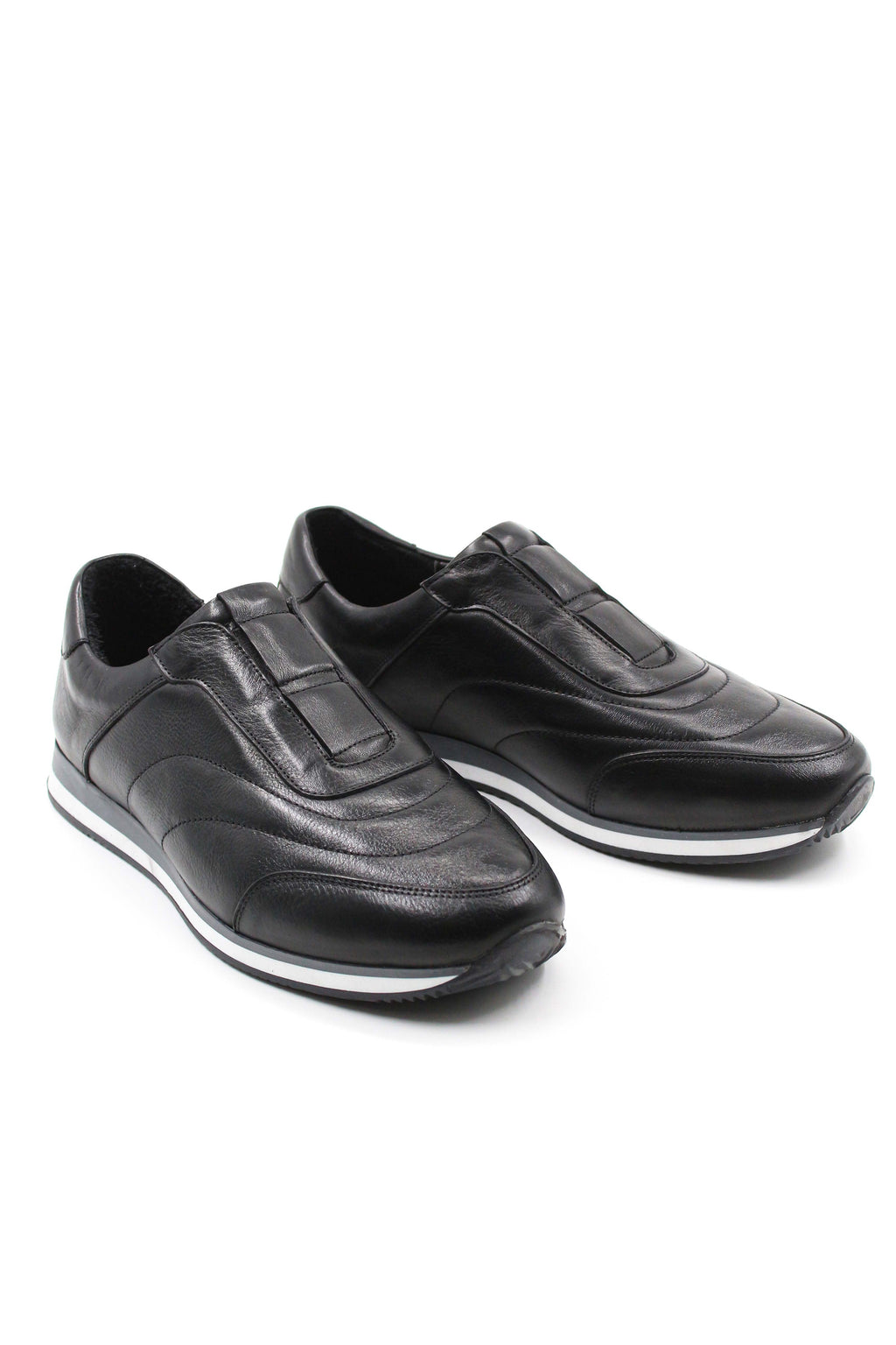Men's Black Leather Slip-On Sneakers-Wessi