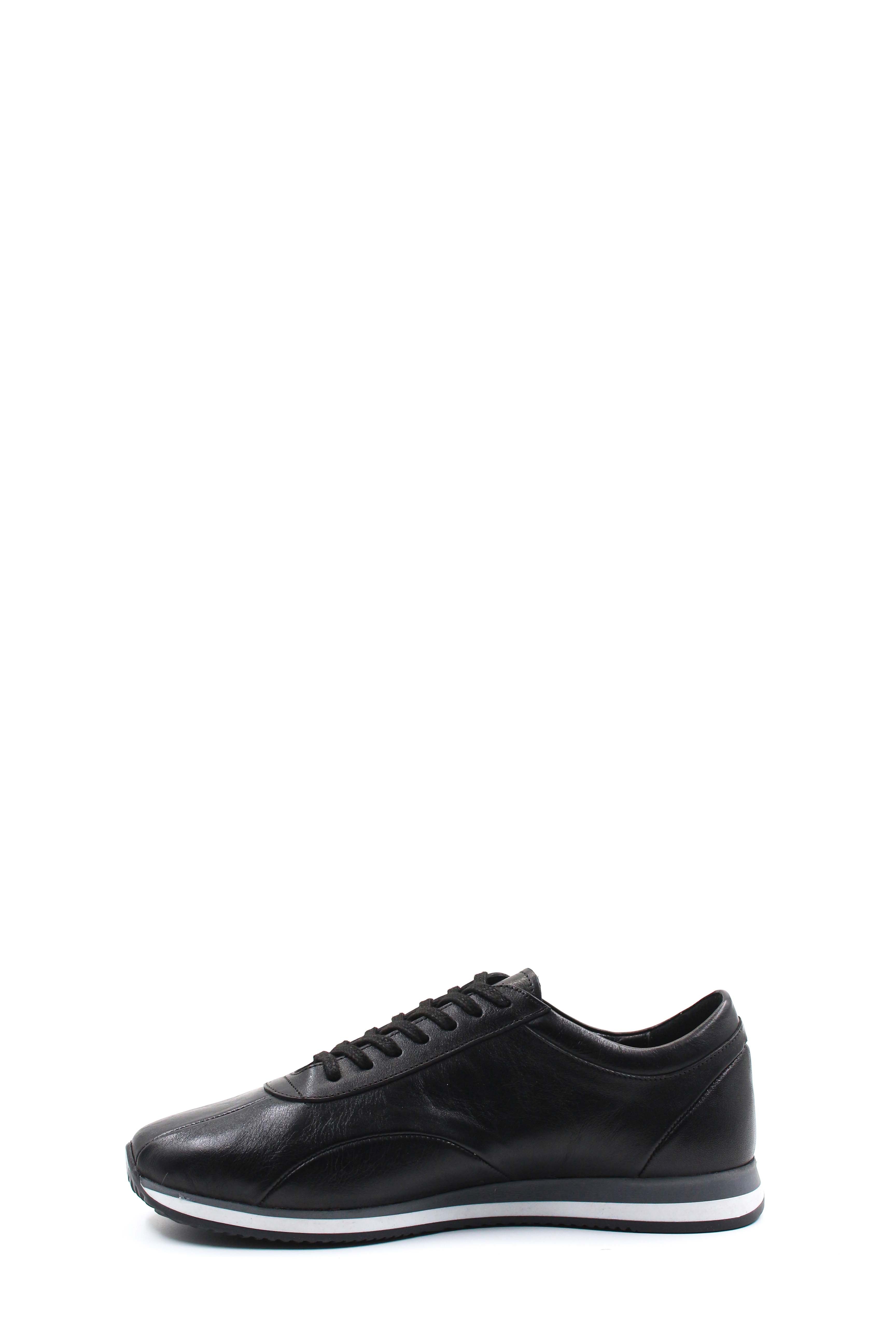 Men's Black Leather Low-Top Sneakers with Contrast Sole - Wessi