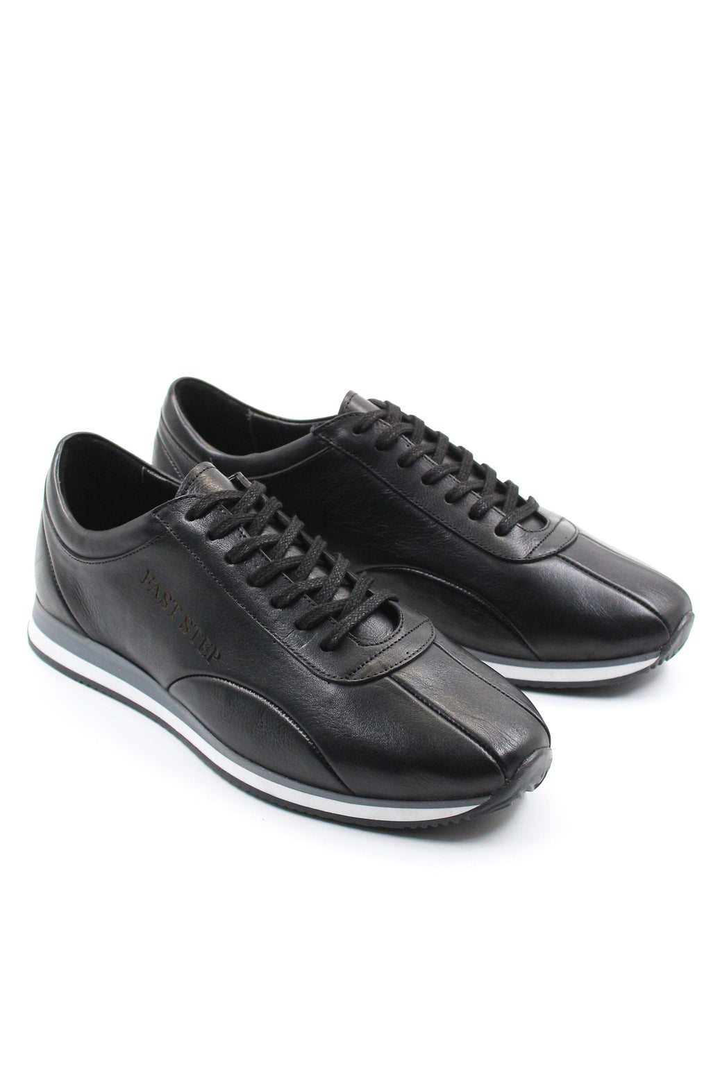 Men's Black Leather Low-Top Sneakers with Contrast Sole - Wessi