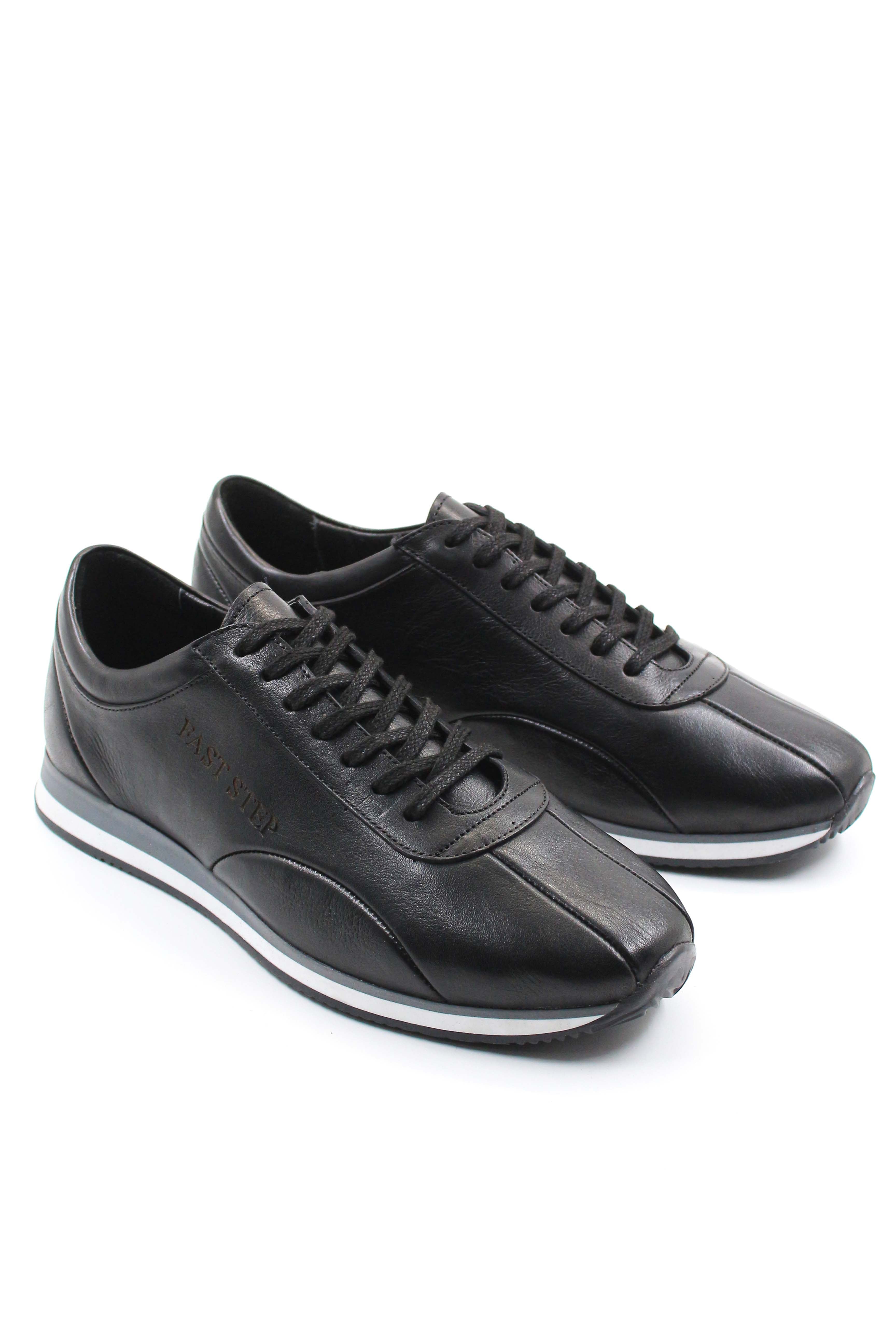 Men's Black Leather Low-Top Sneakers with Contrast Sole - Wessi