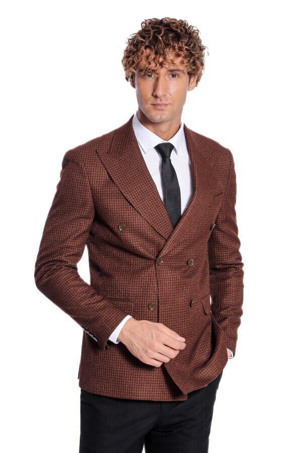 Brown Patterned Double-Breasted Jacket, Black Turtleneck Knitwear, and Trousers Look - Wessi Winter Elegance Style