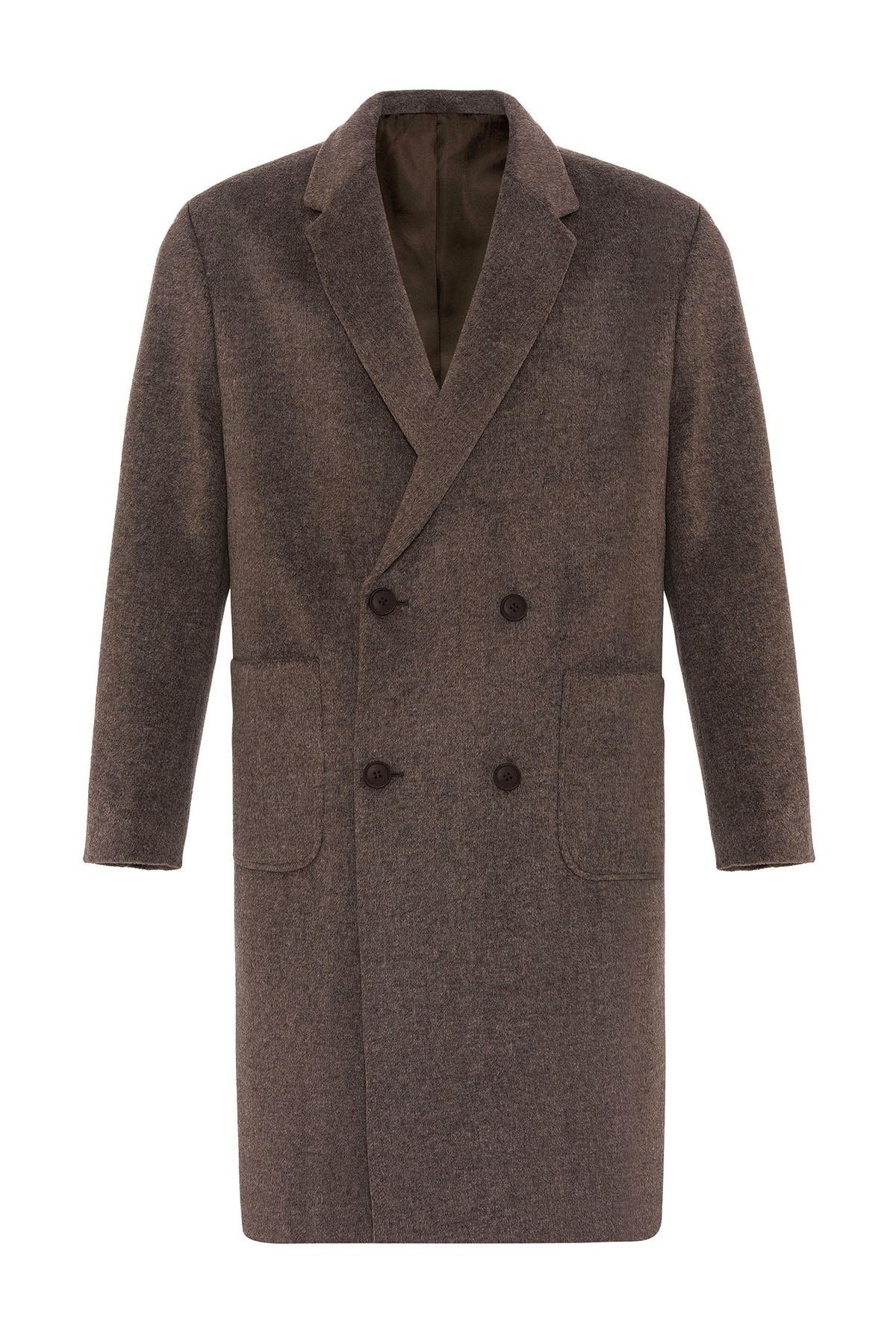 Brown Textured Double-Breasted Men's Coat - Wessi