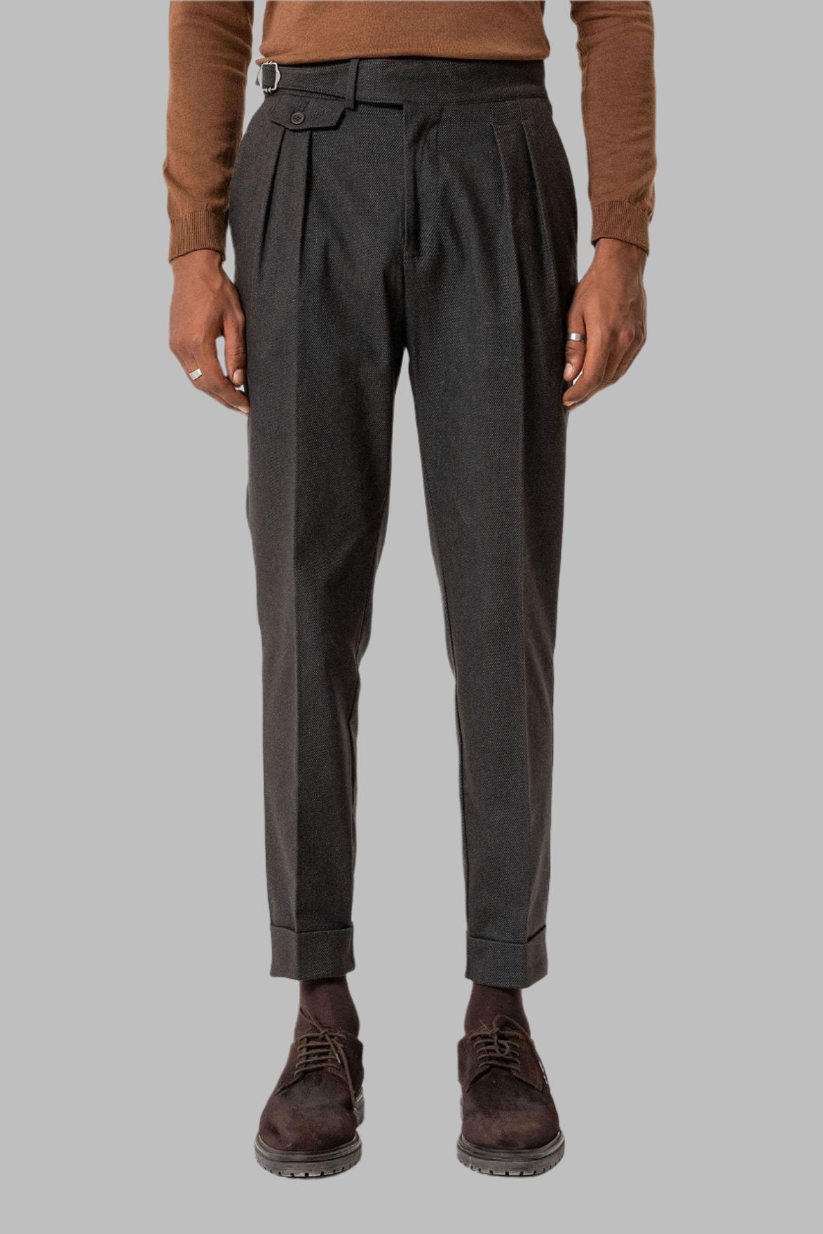Brown High-Waisted Men's Trousers with Buckle Detail - Wessi
