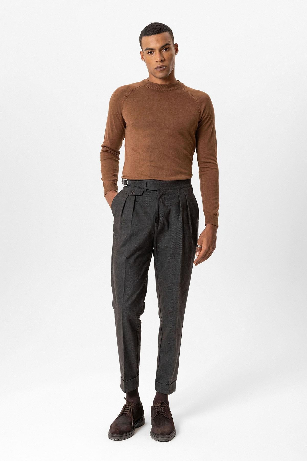 Brown High-Waisted Men's Trousers with Buckle Detail - Wessi