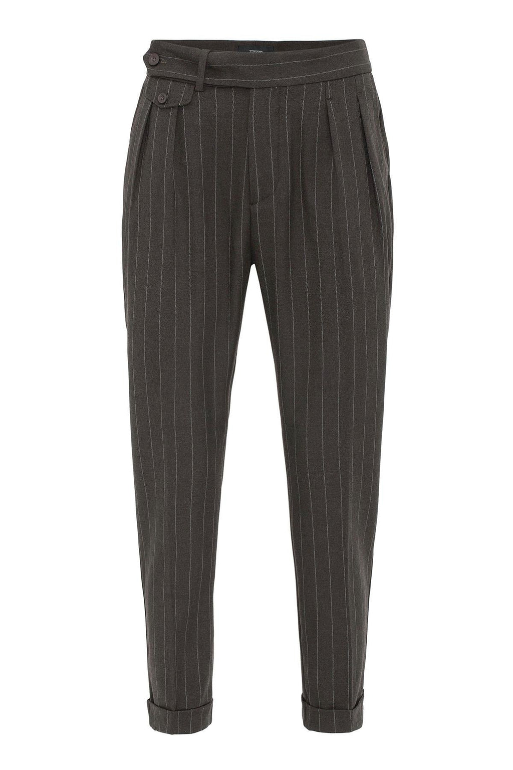 Brown High-Waisted Pleated Striped Men's Trousers - Wessi