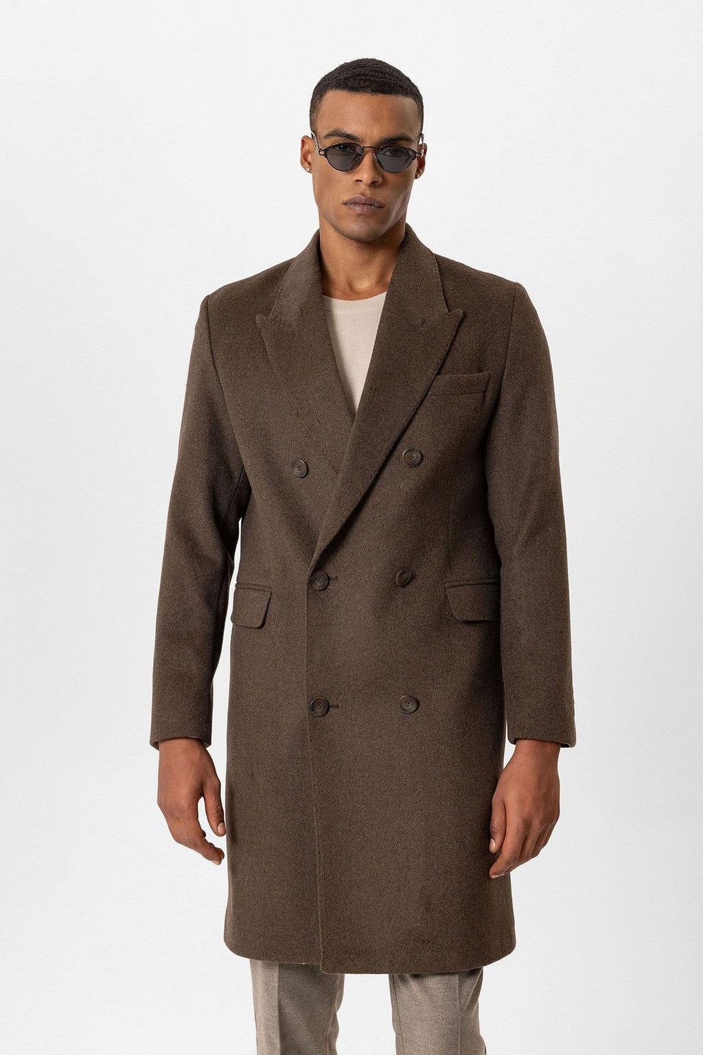 Brown Wool-Blend Double-Breasted Men's Coats - Wessi