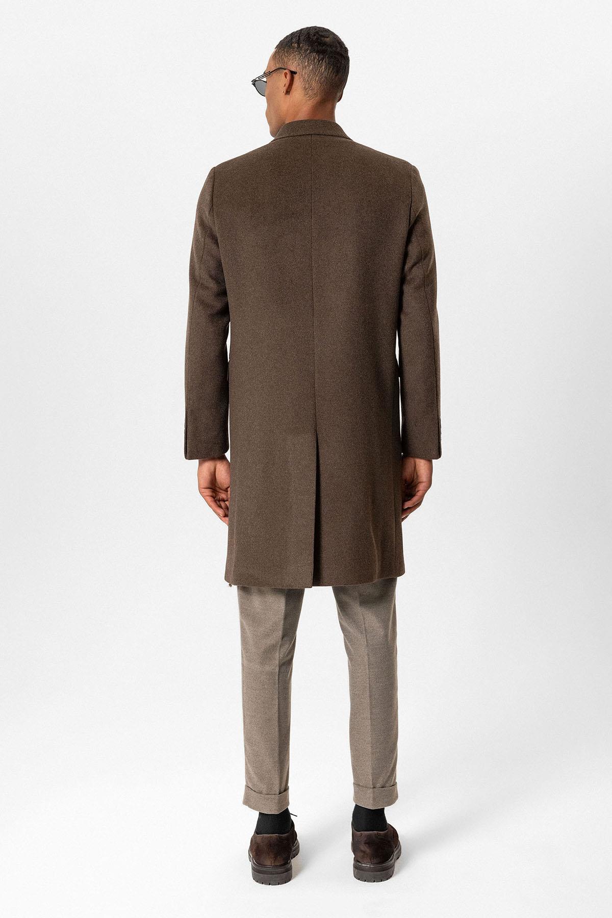 Brown Wool-Blend Double-Breasted Men's Coats - Wessi