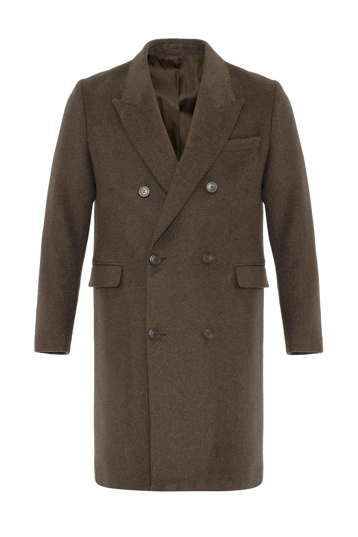 Brown Wool-Blend Double-Breasted Men's Coat - Wessi