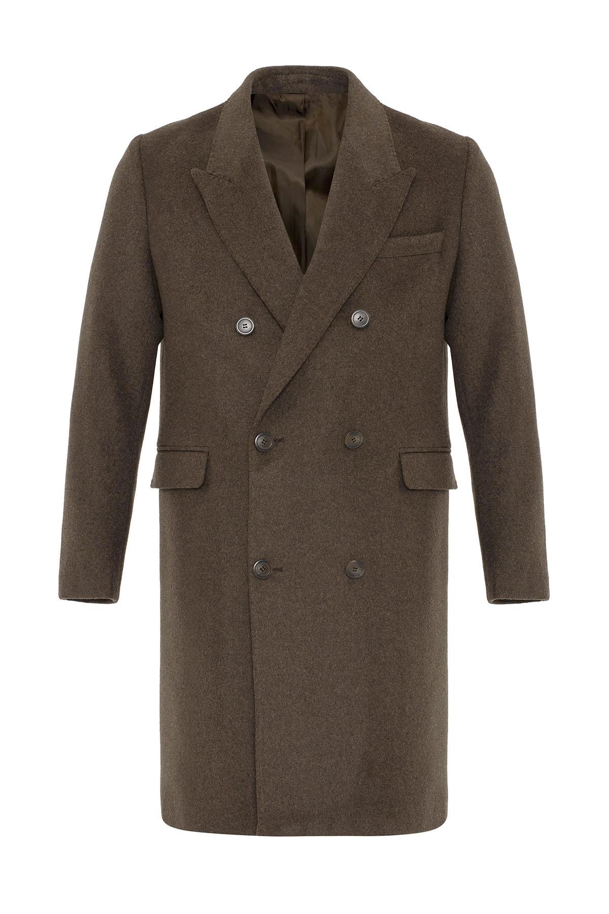 Brown Wool-Blend Double-Breasted Men's Coats - Wessi