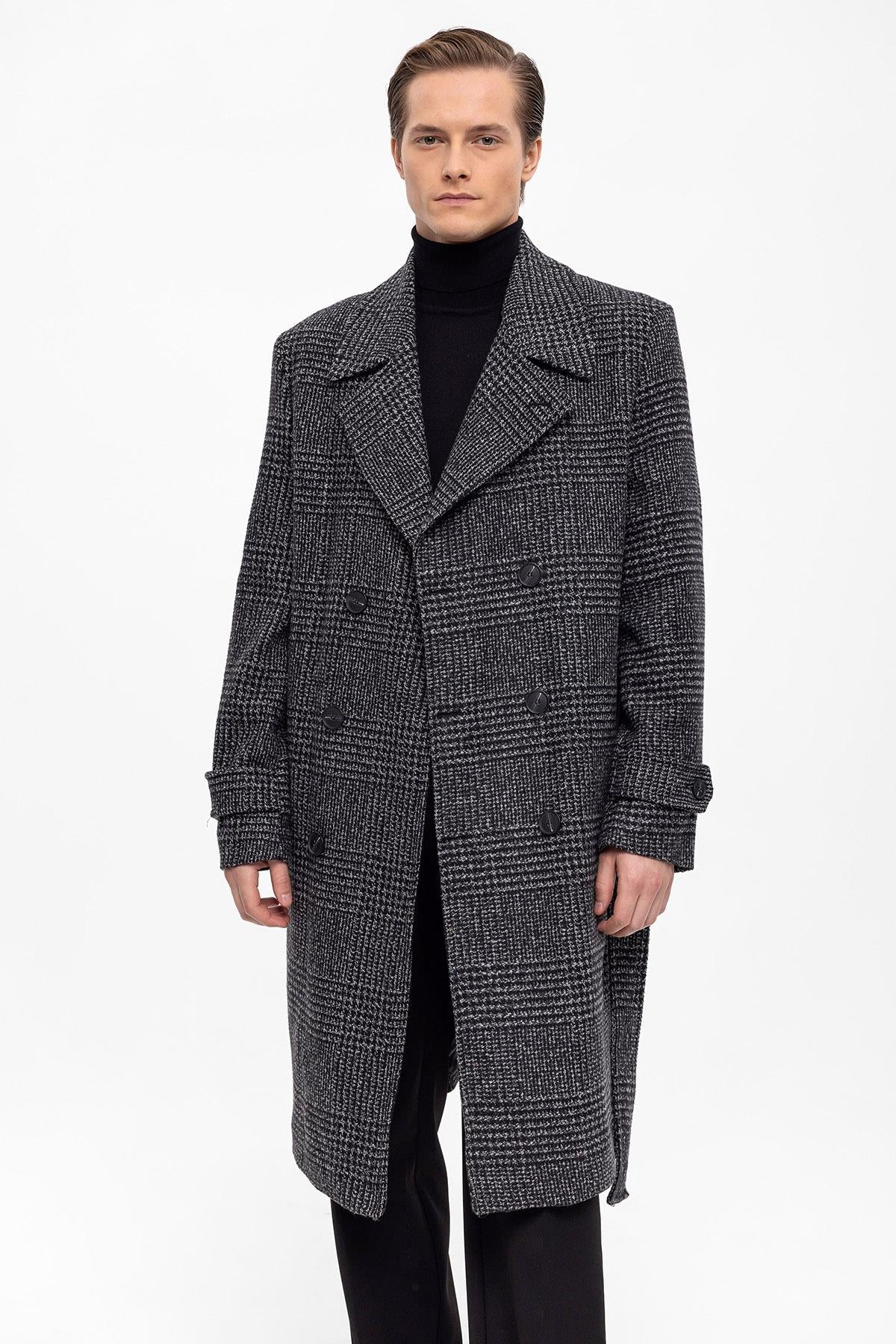 Belted Double Breasted Closure Plaid Men's Coat - Wessi