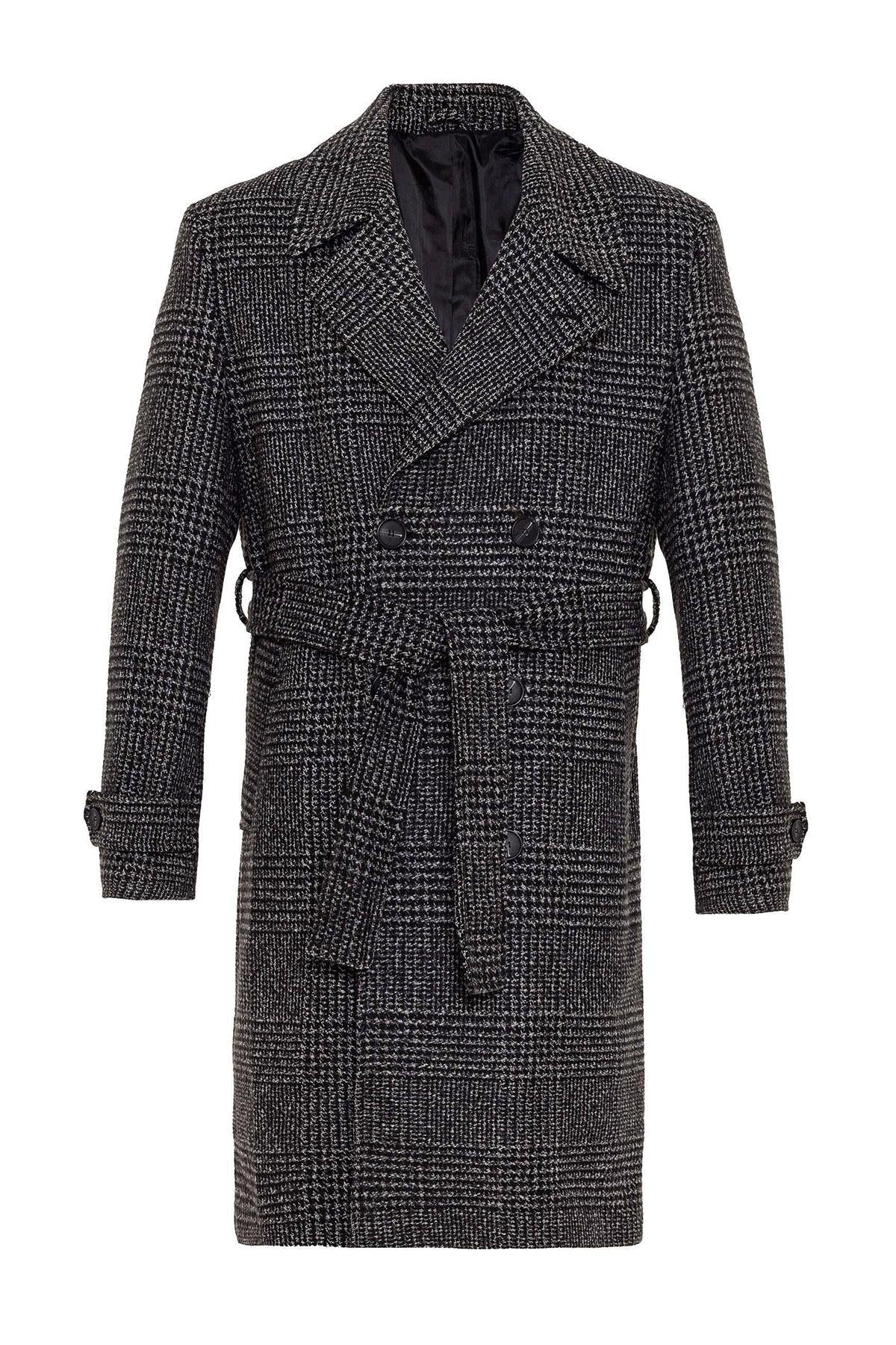 Belted Double Breasted Closure Plaid Men's Coat - Wessi