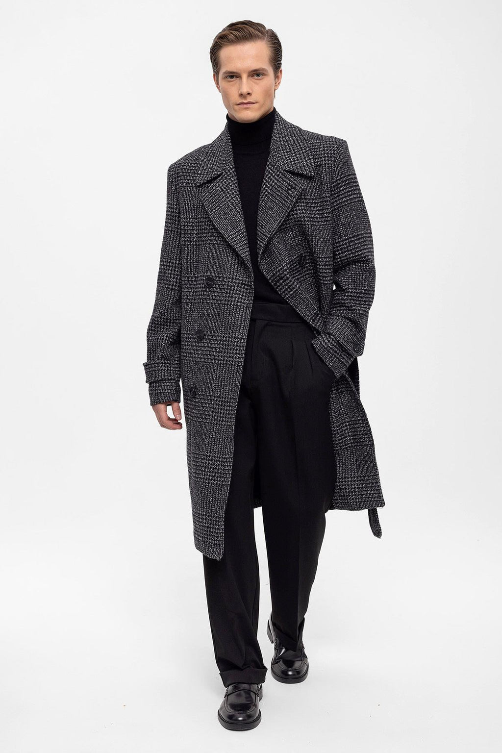 Belted Double Breasted Closure Plaid Men's Coat - Wessi