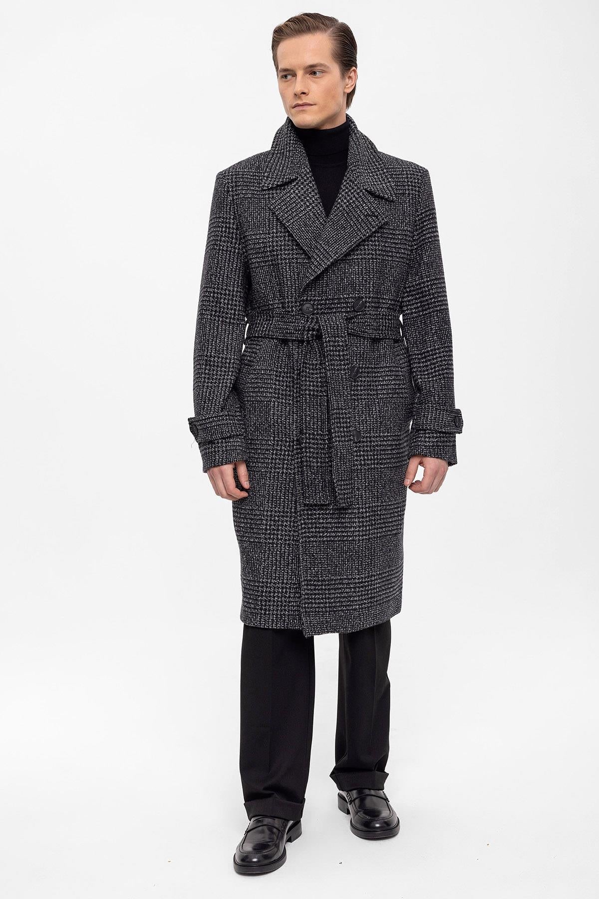 Belted Double Breasted Closure Plaid Men's Coat - Wessi