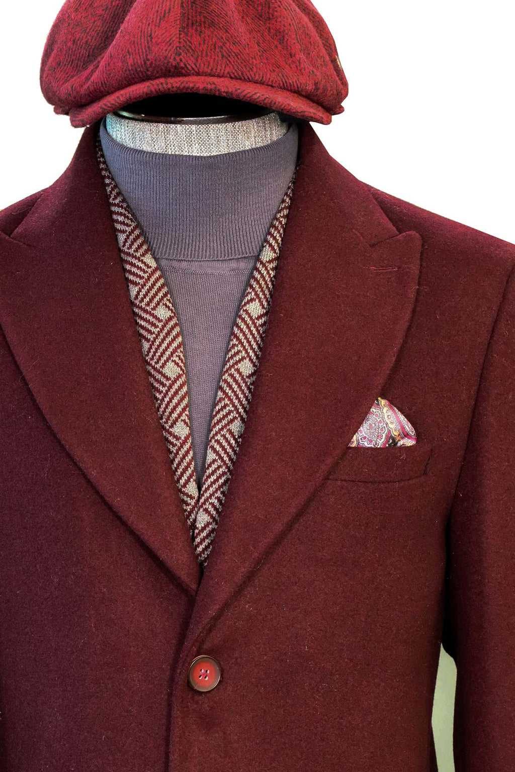 Burgundy Wool Coat, Knit Sweater, Scarf, Cap, and Patterned Trousers Combination - Noble Winter Style - Wessi