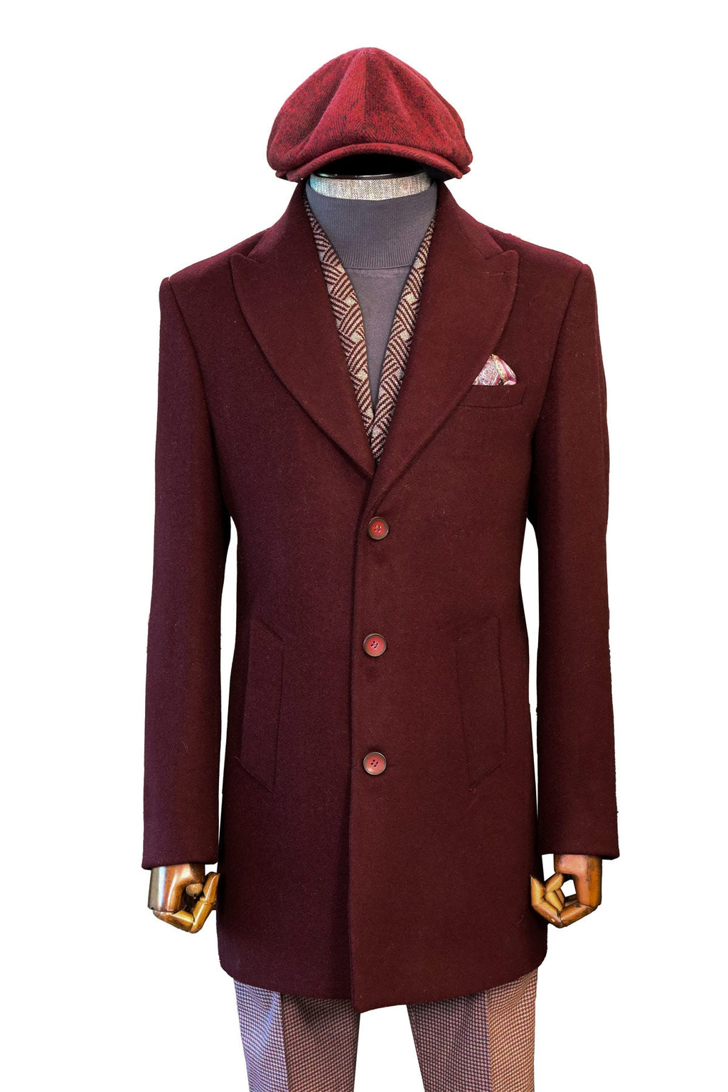 Burgundy Wool Coat, Knit Sweater, Scarf, Cap, and Patterned Trousers Combination - Noble Winter Style - Wessi