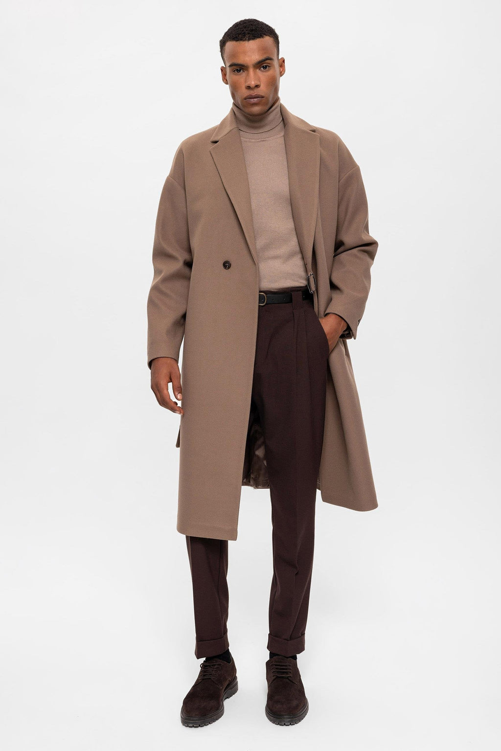 Beige Belted Oversize Men Coats - Wessi