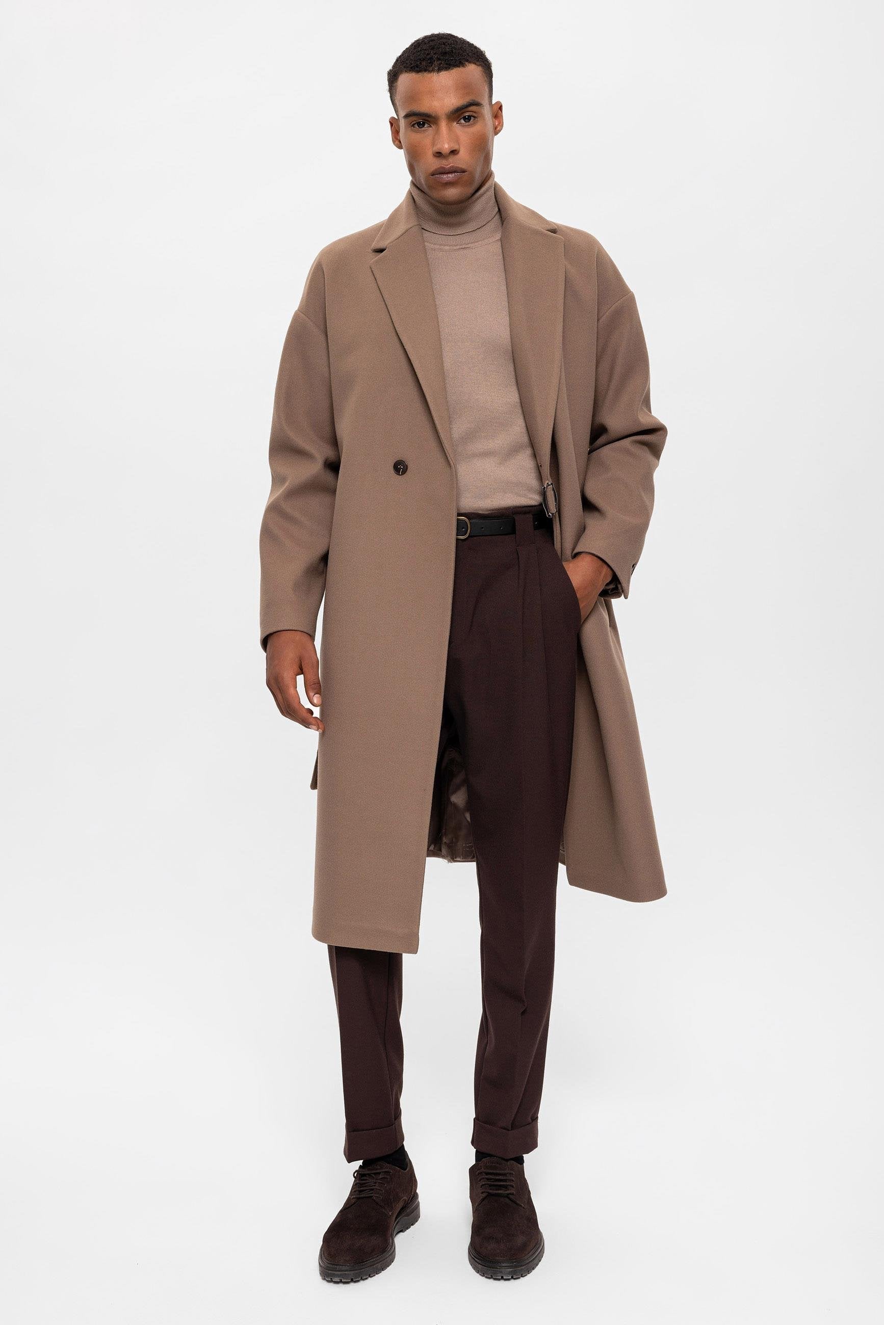 Beige Belted Oversize Men Coats - Wessi