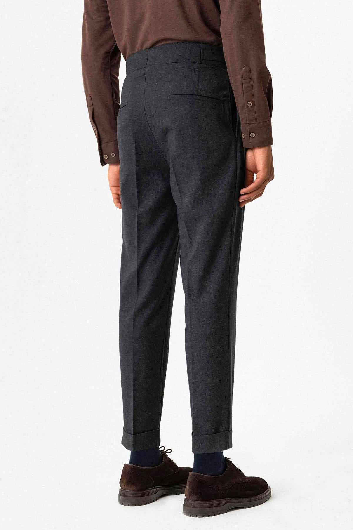 Navy Pleated Men's Trousers with Buckle Detail - Wessi