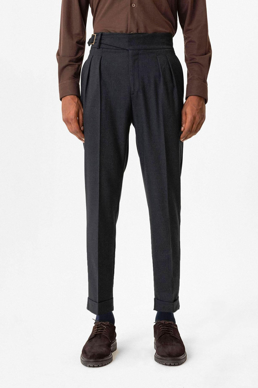 Navy Pleated Men's Trousers with Buckle Detail - Wessi