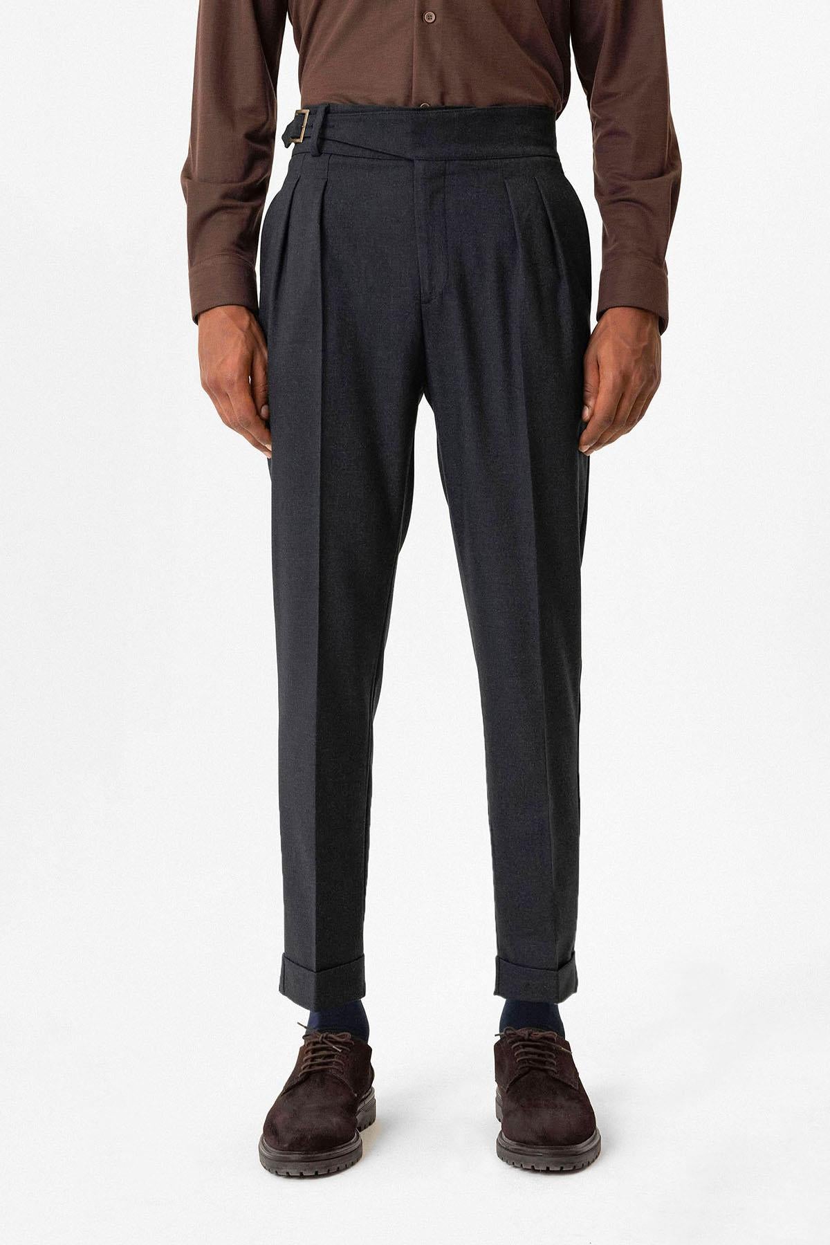 Navy Pleated Men's Trousers with Buckle Detail - Wessi