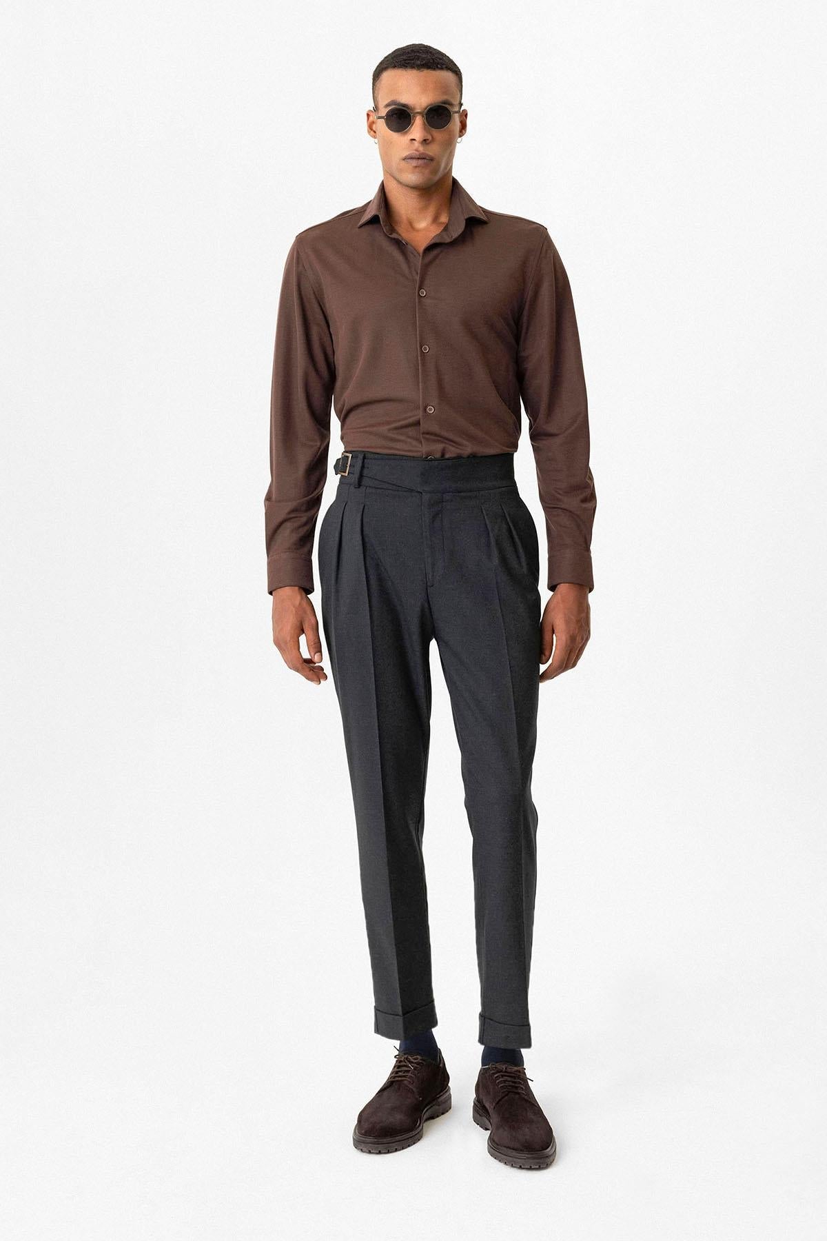 Navy Pleated Men's Trousers with Buckle Detail - Wessi