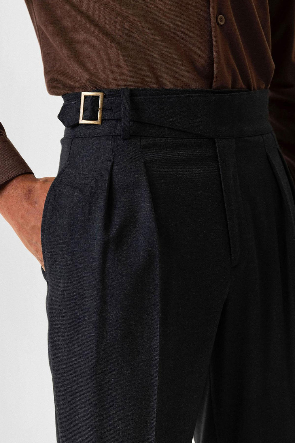 Navy Pleated Men's Trousers with Buckle Detail - Wessi